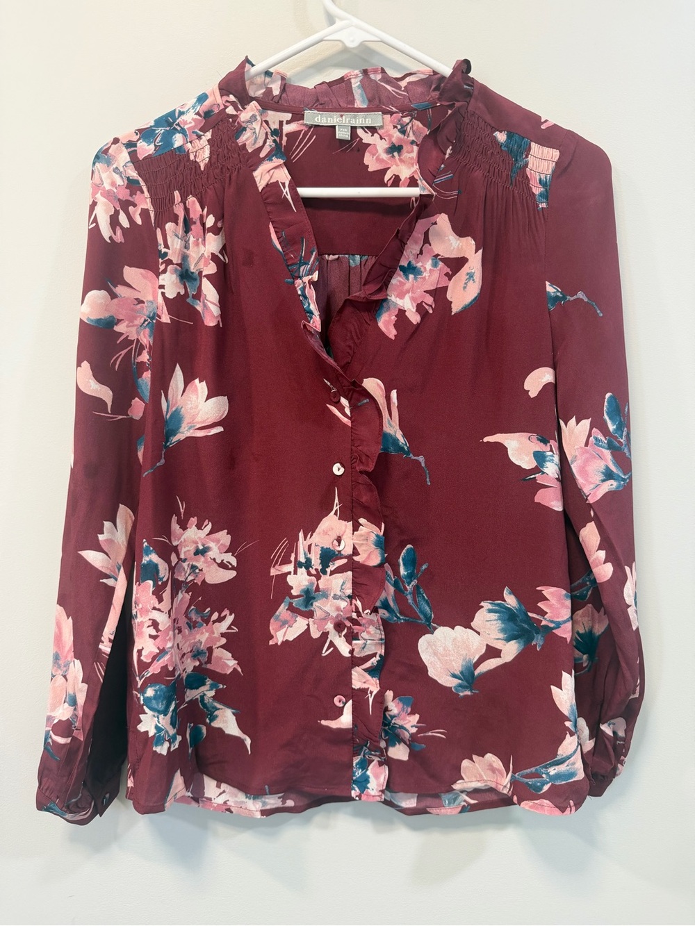 Daniel Rainn Burgundy Silk  Floral Button-Front Blouse